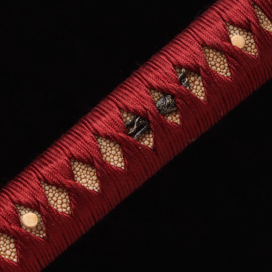 Handmade Samurai Katana Sword | T10 Clay Tempered Blade with Choji Hamon | Wolf & Moon Brass Fittings | Red Rayskin Saya Handmade Samurai Katana Sword | T10 Clay Tempered Blade with Choji Hamon | Wolf & Moon Brass Fittings | Red Rayskin Saya