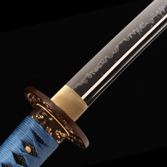Handmade Samurai Katana | T10 Clay Tempered Blade with Choji Hamon | Wave Theme Brass Fittings | Deep Blue Speckled Saya Handmade Samurai Katana | T10 Clay Tempered Blade with Choji Hamon | Wave Theme Brass Fittings | Deep Blue Speckled Saya