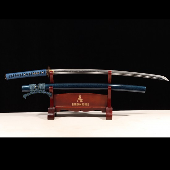 Handmade Samurai Katana | T10 Clay Tempered Blade with Choji Hamon | Wave Theme Brass Fittings | Deep Blue Speckled Saya Handmade Samurai Katana | T10 Clay Tempered Blade with Choji Hamon | Wave Theme Brass Fittings | Deep Blue Speckled Saya