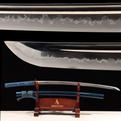 Handmade Samurai Katana | T10 Clay Tempered Blade with Choji Hamon | Wave Theme Brass Fittings | Deep Blue Speckled Saya Handmade Samurai Katana | T10 Clay Tempered Blade with Choji Hamon | Wave Theme Brass Fittings | Deep Blue Speckled Saya