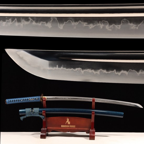 Handmade Samurai Katana | T10 Clay Tempered Blade with Choji Hamon | Wave Theme Brass Fittings | Deep Blue Speckled Saya Handmade Samurai Katana | T10 Clay Tempered Blade with Choji Hamon | Wave Theme Brass Fittings | Deep Blue Speckled Saya