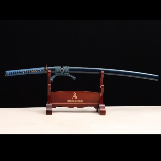 Handmade Samurai Katana | T10 Clay Tempered Blade with Choji Hamon | Wave Theme Brass Fittings | Deep Blue Speckled Saya Handmade Samurai Katana | T10 Clay Tempered Blade with Choji Hamon | Wave Theme Brass Fittings | Deep Blue Speckled Saya
