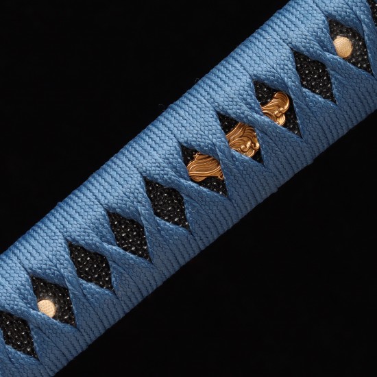 Handmade Samurai Katana | T10 Clay Tempered Blade with Choji Hamon | Wave Theme Brass Fittings | Deep Blue Speckled Saya Handmade Samurai Katana | T10 Clay Tempered Blade with Choji Hamon | Wave Theme Brass Fittings | Deep Blue Speckled Saya