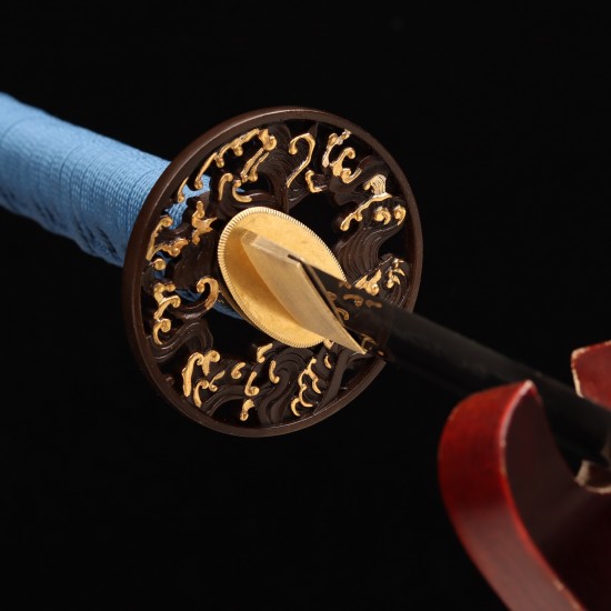 Handmade Samurai Katana | T10 Clay Tempered Blade with Choji Hamon | Wave Theme Brass Fittings | Deep Blue Speckled Saya Handmade Samurai Katana | T10 Clay Tempered Blade with Choji Hamon | Wave Theme Brass Fittings | Deep Blue Speckled Saya