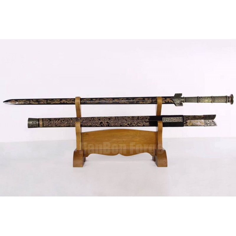 Chinese Dragon Sword Jian Folded Steel Traditional Handmade Black Blade