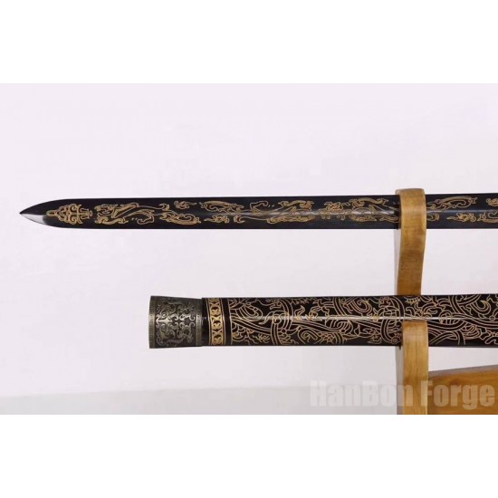 Chinese Dragon Sword Jian Folded Steel Traditional Handmade Black Blade UNSHARP