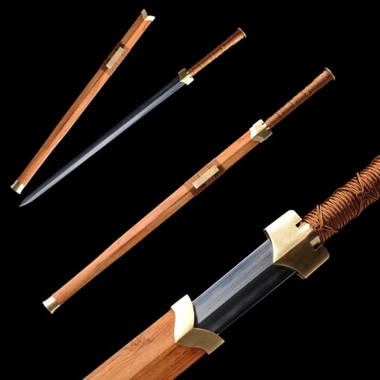 Folded Steel Chinese Han Jian Sword Clay Tempered Blade Hualee Wood Scabbard Hand Forged