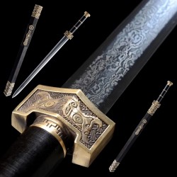 Chinese Ruyi Sword Jian Damascus Folded Steel Ebony Wood Sheath Full Tang Handmade