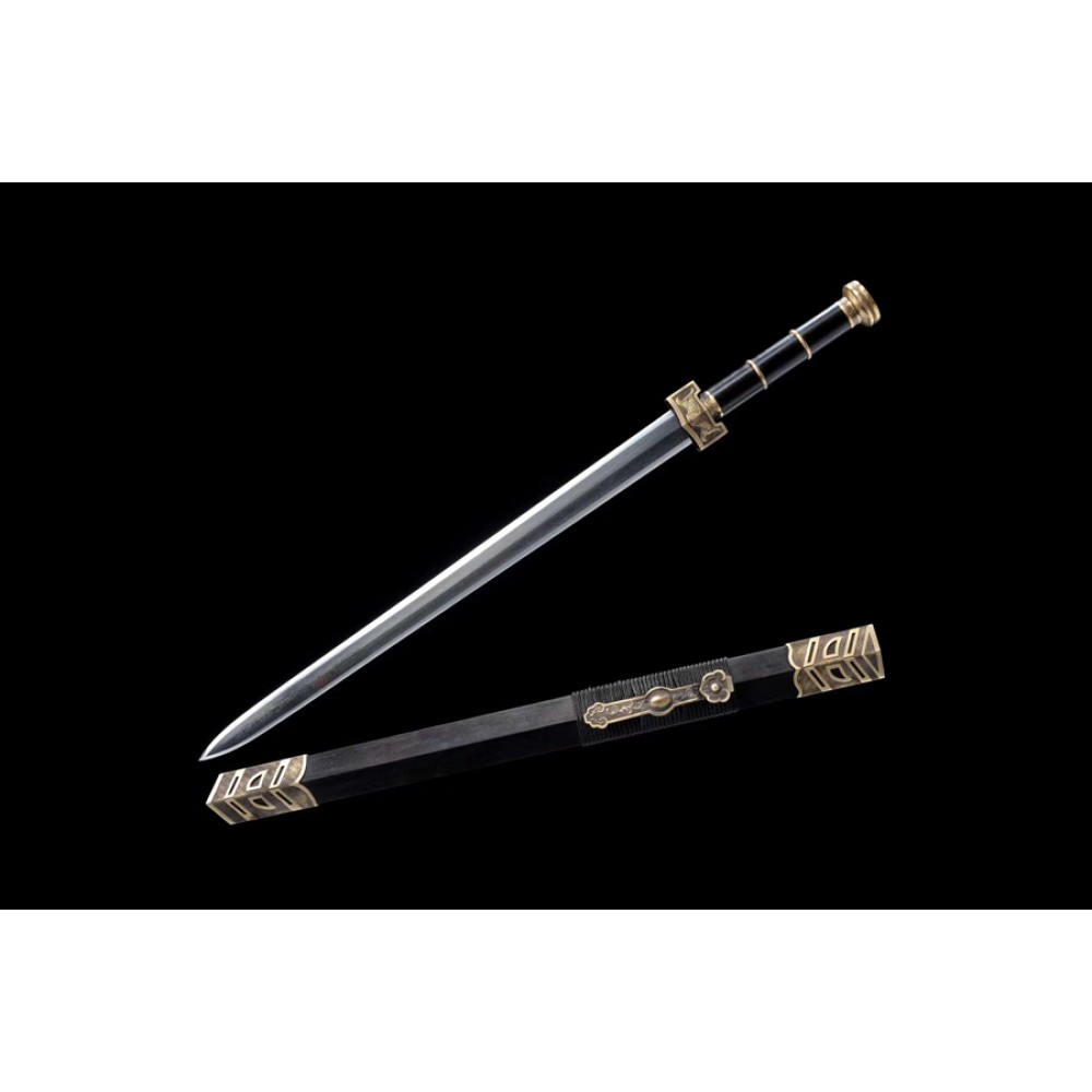 Chinese Ruyi Sword Jian Damascus Folded Steel Ebony Wood Sheath Full