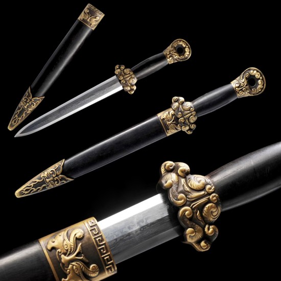 Short Jian Chinese Sword (Yudi jian) Folded Pattern Steel Ebony Scabbard Pure Copper Fitting