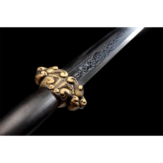 Short Jian Chinese Sword (Yudi jian) Folded Pattern Steel Ebony Scabbard Pure Copper Fitting