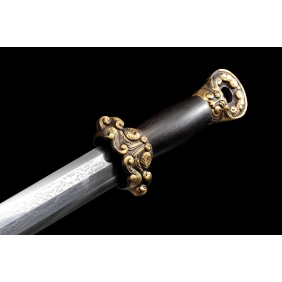 Short Jian Chinese Sword (Yudi jian) Folded Pattern Steel Ebony Scabbard Pure Copper Fitting