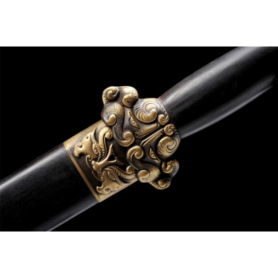 Short Jian Chinese Sword (Yudi jian) Folded Pattern Steel Ebony Scabbard Pure Copper Fitting