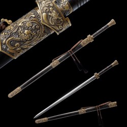 Dragon Phoenix Sword Antiqued Chinese Jian Brass Metal Guard 8-Side Folded Steel Blade