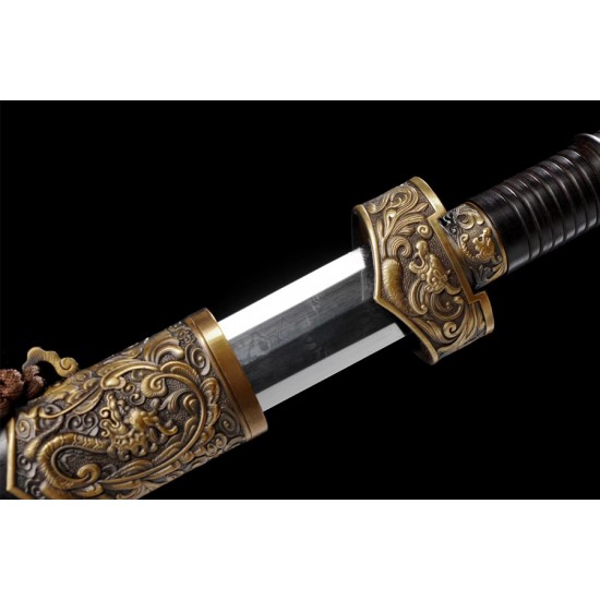 Dragon Phoenix Sword Antiqued Chinese Jian Brass Metal Guard 8-Side Folded Steel Blade