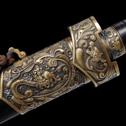 Dragon Phoenix Sword Antiqued Chinese Jian Brass Metal Guard 8-Side Folded Steel Blade