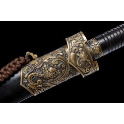 Dragon Phoenix Sword Antiqued Chinese Jian Brass Metal Guard 8-Side Folded Steel Blade