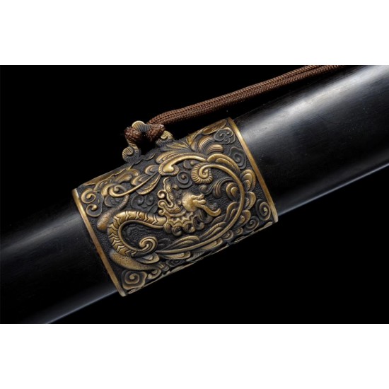 Dragon Phoenix Sword Antiqued Chinese Jian Brass Metal Guard 8-Side Folded Steel Blade