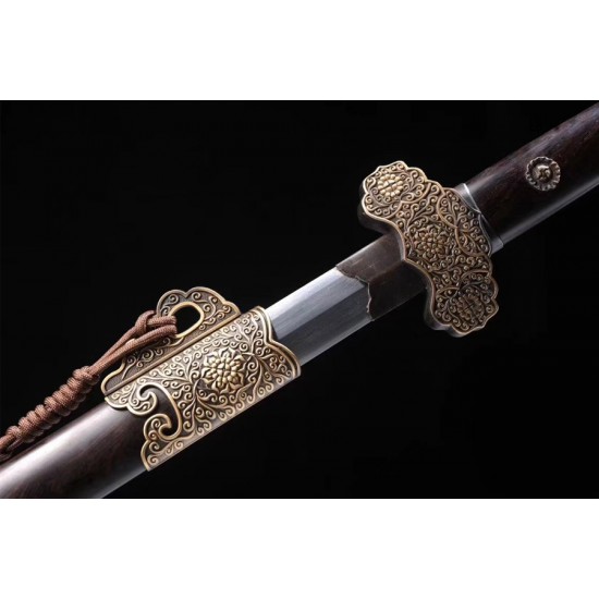 Tang jian sword chinese folded steel hand forged polishing blade ebony scabbard brass fittings