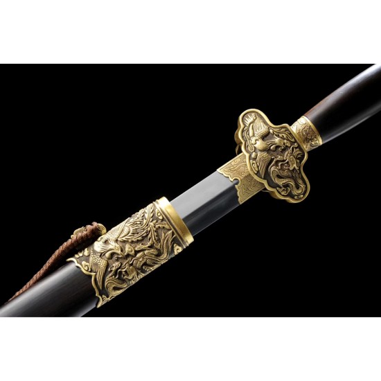 Dragon-Phoenix Jian Sword Chinese Folded Pattern Steel Clay Tempered Blade Ebony Saya