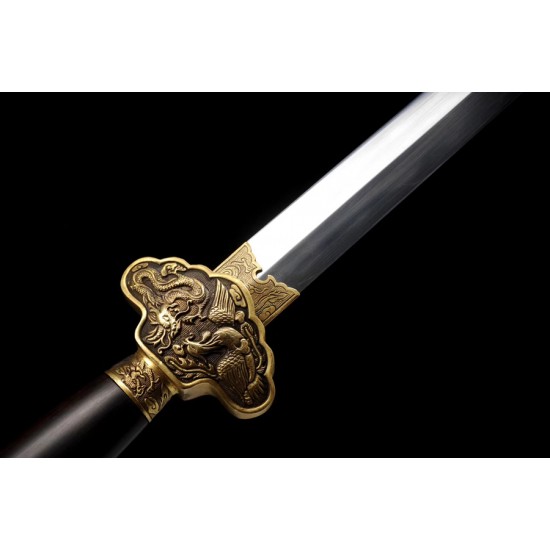 Dragon-Phoenix Jian Sword Chinese Folded Pattern Steel Clay Tempered Blade Ebony Saya