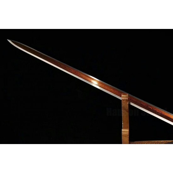 Red Han Jian Chinese Sword Damascus Folded Steel Blade Silver Plating Mountings Handmade