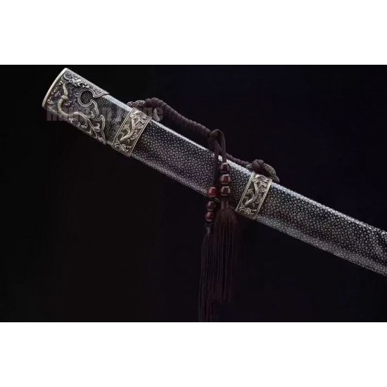 Dragon Qing Dao Chinese Sword Clay Tempered Folded Steel Hazuya Polish Blade Rayskin Sheath