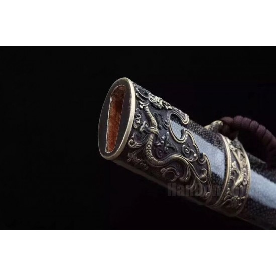 Dragon Qing Dao Chinese Sword Clay Tempered Folded Steel Hazuya Polish Blade Rayskin Sheath