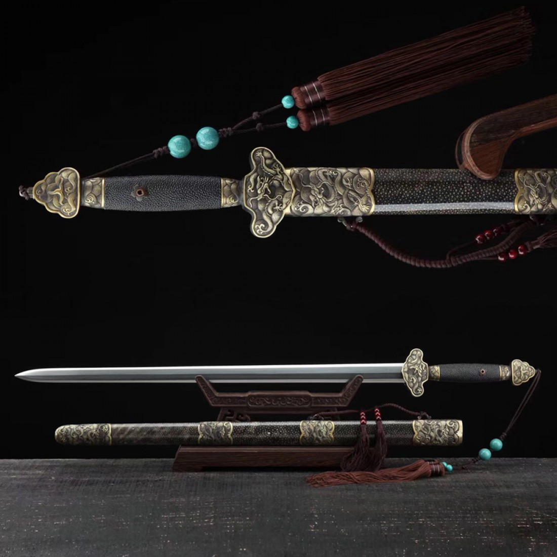 Dragon Jian Sword Hand Forgged Folded Steel Stingray Skin Sheath 