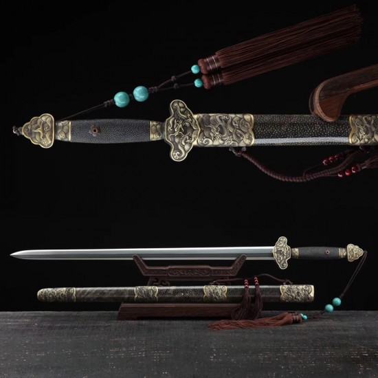 Chinese Jian Sword Dragon Design Traditional Hand Folded Steel Blade Genuine Rayskin Sheath