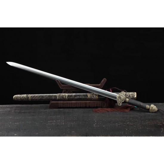 Chinese Jian Sword Dragon Design Traditional Hand Folded Steel Blade Genuine Rayskin Sheath