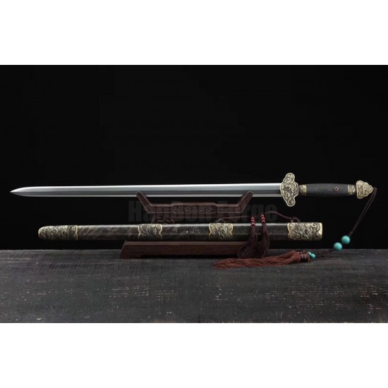 Chinese Jian Sword Dragon Design Traditional Hand Folded Steel Blade Genuine Rayskin Sheath