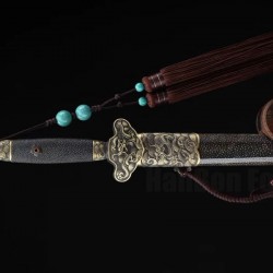 Chinese Jian Sword Dragon Design Traditional Hand Folded Steel Blade Genuine Rayskin Sheath