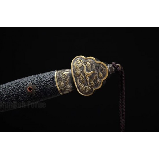Chinese Jian Sword Dragon Design Traditional Hand Folded Steel Blade Genuine Rayskin Sheath
