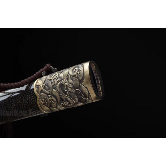 Chinese Jian Sword Dragon Design Traditional Hand Folded Steel Blade Genuine Rayskin Sheath