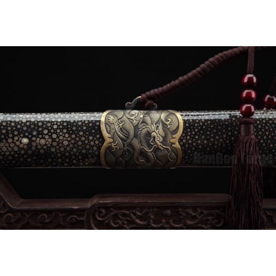 Chinese Jian Sword Dragon Design Traditional Hand Folded Steel Blade Genuine Rayskin Sheath