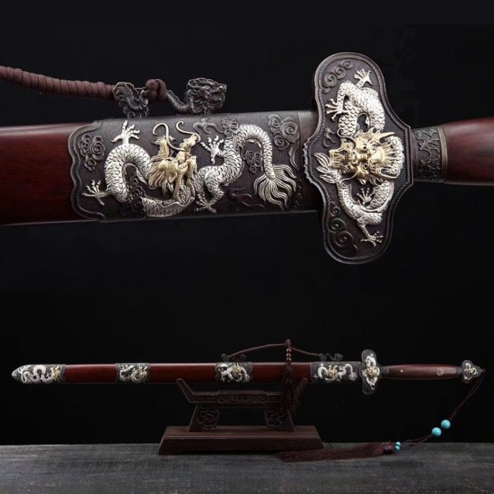 Dragon Jian Chinese Sword Hazuya Polish Blade Damascus Folded Steel