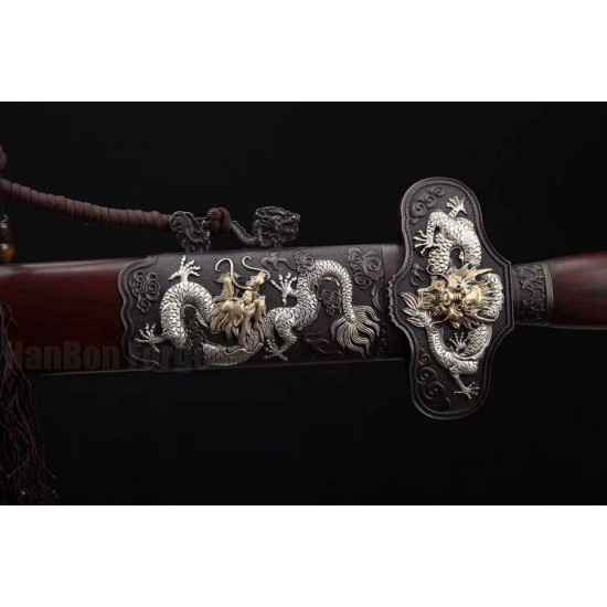 Dragon Jian Chinese Sword Hazuya Polish Blade Damascus Folded Steel