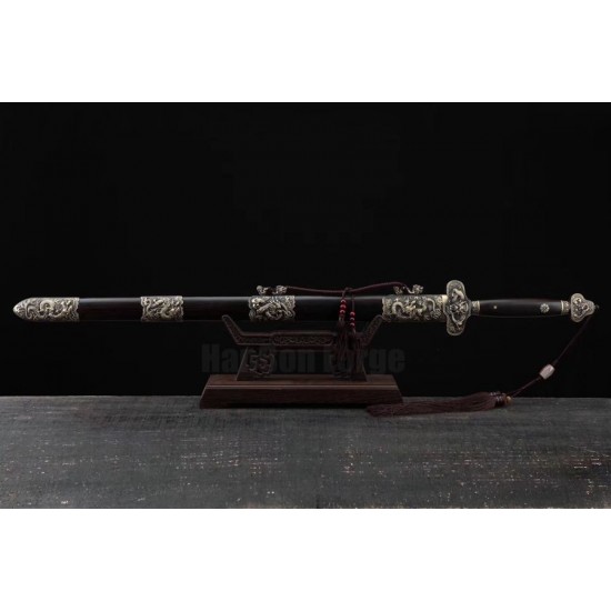 Handmade Chinese Dragon Swords Jian Damascus Steel Eight-Sided Blade Ebony Scabbard