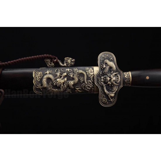 Handmade Chinese Dragon Swords Jian Damascus Steel Eight-Sided Blade Ebony Scabbard