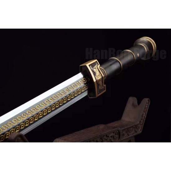 Ruyi Jian Chinese Sword Fire Pattern Blade Damascus Folded Steel Ebony Sheath