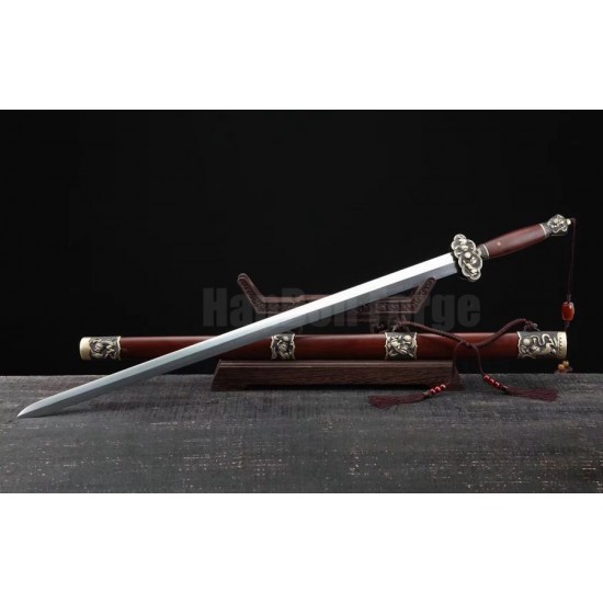 Lion Jian Chinese Sword Damascus Folded Steel Hazuya Polish Blade Rosewood Sheath
