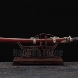 Dragon Dao Chinese Sword Damascus Folded Steel Hazuya Polishing Blade Red Wood Scabbard
