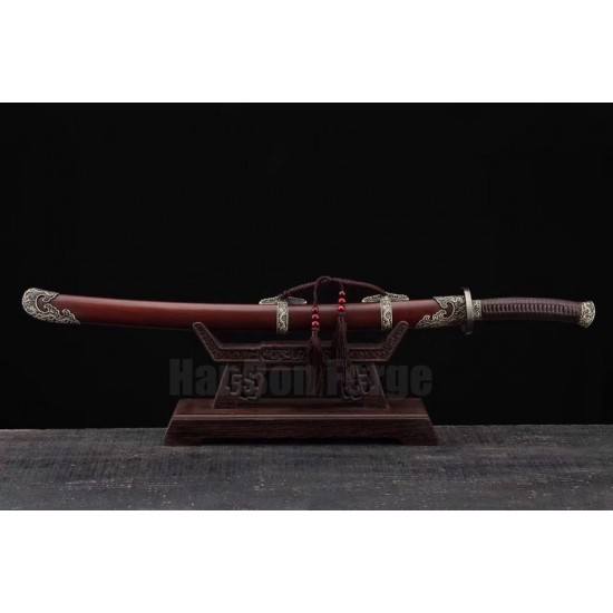 Dragon Dao Chinese Sword Damascus Folded Steel Hazuya Polishing Blade Red Wood Scabbard