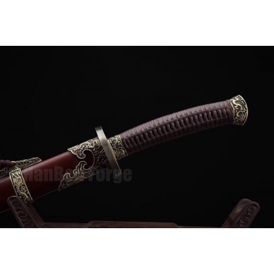 Dragon Dao Chinese Sword Damascus Folded Steel Hazuya Polishing Blade Red Wood Scabbard