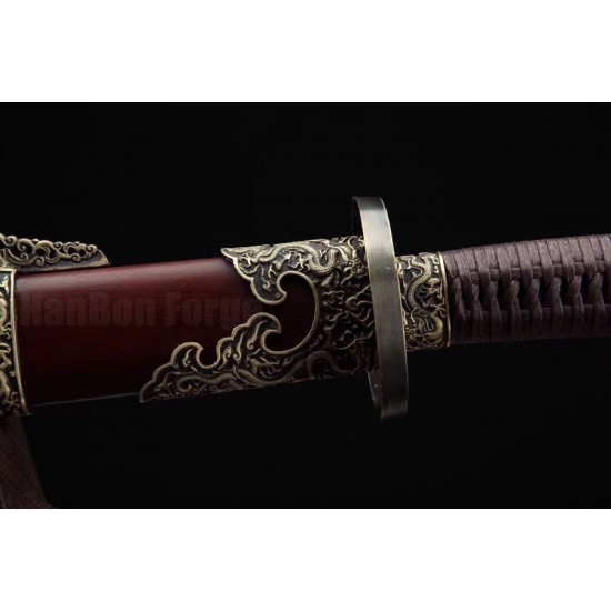 Dragon Dao Chinese Sword Damascus Folded Steel Hazuya Polishing Blade Red Wood Scabbard