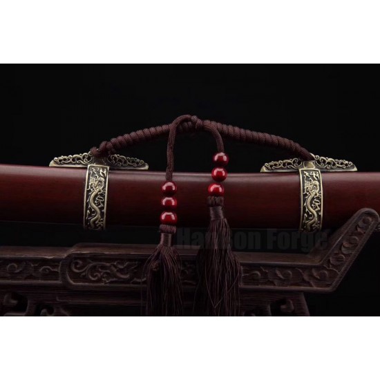 Dragon Dao Chinese Sword Damascus Folded Steel Hazuya Polishing Blade Red Wood Scabbard