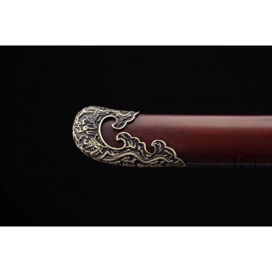 Dragon Dao Chinese Sword Damascus Folded Steel Hazuya Polishing Blade Red Wood Scabbard