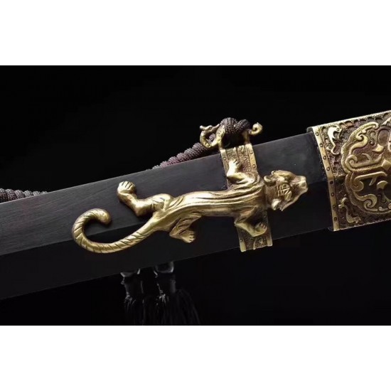 Chinese Jian Sword Damascus Folded Steel Blade Ebony Scabbard For Sale