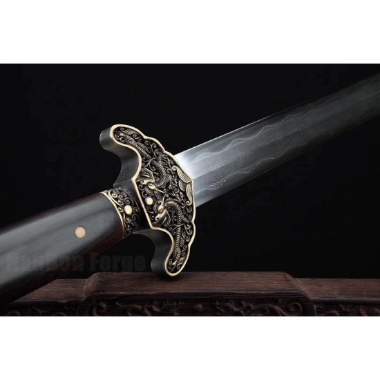 Genuine Dragon Sword Chinese Jian Damascus Steel Hazuya Polish Blade Clay Tempered 